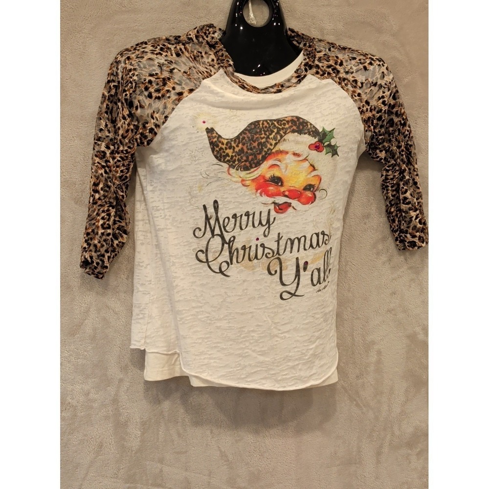 L&B Life Christmas Y'all Shirt Leopard Raglan Santa Graphic Women L‎